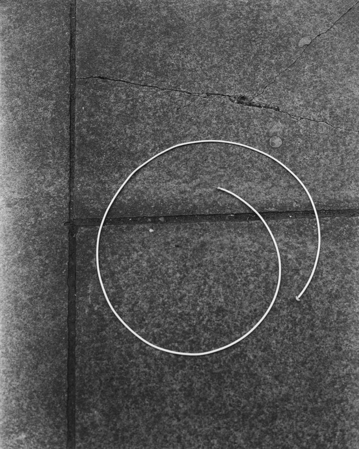 Black and white image of a piece of string on the ground