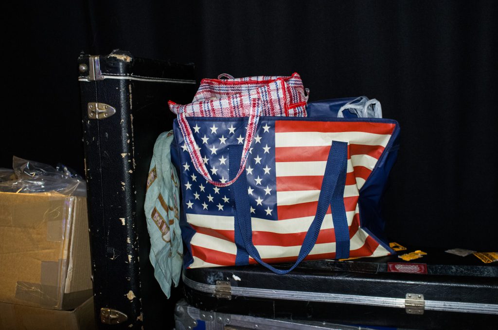 An accessory bag with an American flag on it