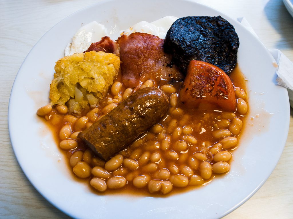 Photograph of a rather disgusting-looking full English breakfast.
